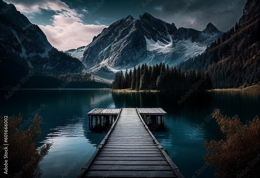 A wooden bridge goes straight into the middle of a beautiful mountain lake. AI Generated A wooden bridge goes straight into the middle of a beautiful mountain lake. AI Generated