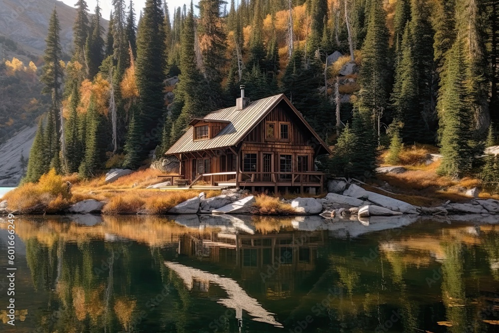 Old wooden house on the lake in the middle of the forest