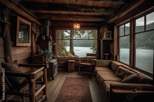 Interior of a wooden house with a view of the lake.