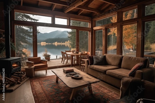 Interior of a wooden house with a view of the lake.