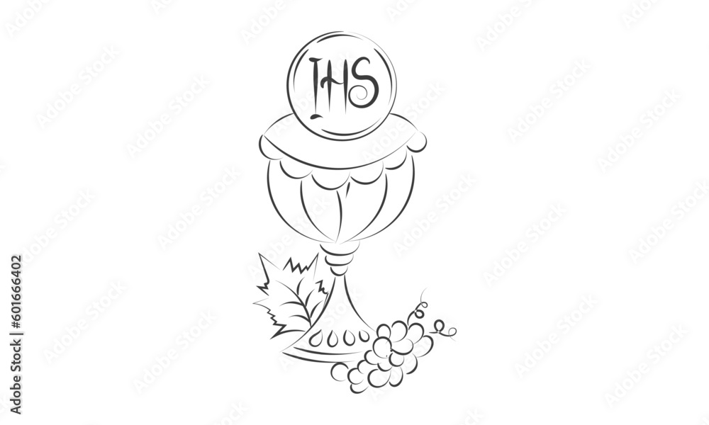 First Communion Embroidery Design. Eucharist In Chalice with Grapes and wheat for print or use as poster, card, flyer or T Shirt First Communion Embroidery Design. Eucharist In Chalice with Grapes and wheat for print or use as poster, card, flyer or T Shirt