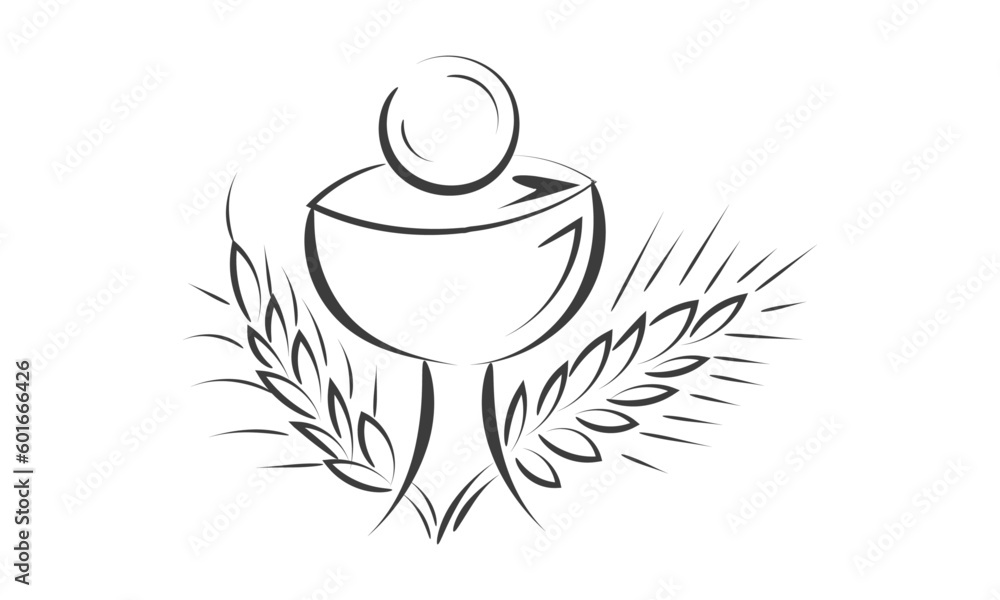 First Communion Embroidery Design. Eucharist In Chalice with Grapes and wheat for print or use as poster, card, flyer or T Shirt