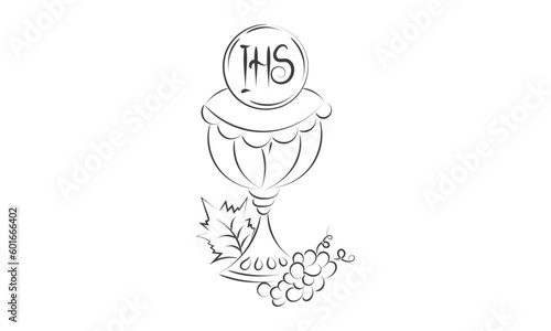 First Communion Embroidery Design. Eucharist In Chalice with Grapes and wheat for print or use as poster  card  flyer or T Shirt