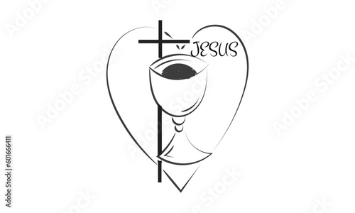 First Communion Embroidery Design. Eucharist In Chalice with Grapes and wheat for print or use as poster, card, flyer or T Shirt