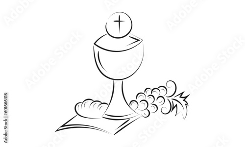 First Communion Embroidery Design. Eucharist In Chalice with Grapes and wheat for print or use as poster, card, flyer or T Shirt