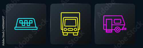Set line Taxi car roof, Rv Camping trailer and Delivery cargo truck. Black square button. Vector