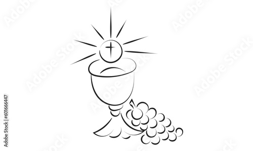 First Communion Embroidery Design. Eucharist In Chalice with Grapes and wheat for print or use as poster, card, flyer or T Shirt