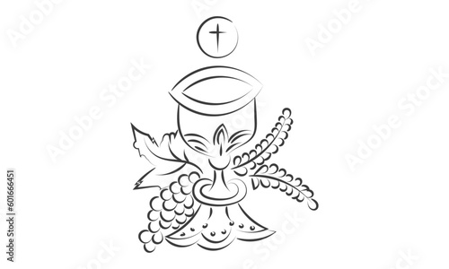 First Communion Embroidery Design. Eucharist In Chalice with Grapes and wheat for print or use as poster, card, flyer or T Shirt