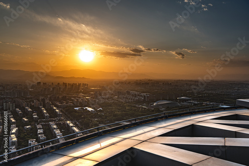 High altitude observation deck of the Olympic Tower at sunset in Beijing