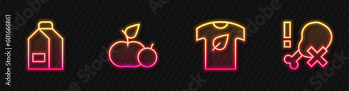 Set line Vegan shirt, Paper package for milk, Apple and No chicken leg. Glowing neon icon. Vector