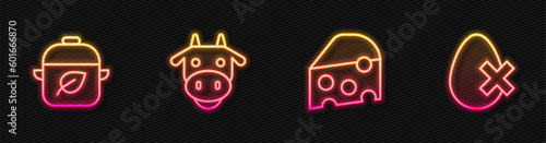 Set line Cheese, Vegan food diet, Cow head and No egg. Glowing neon icon. Vector