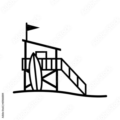 Logo vacaciones de verano. Torre salvavidas en la playa. Silueta lineal de torre de socorrista con tabla de surf 