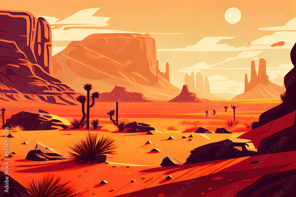 Sunset in the desert with mountains and cactuses. AI Generative