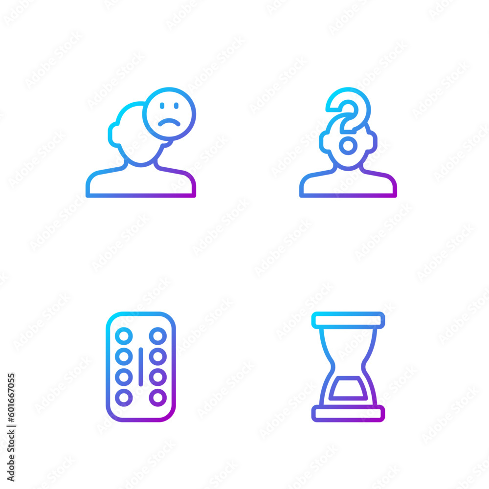 Set line Old hourglass, Sedative pills, Sad and depressed man, bad mood and Human with question mark. Gradient color icons. Vector Set line Old hourglass, Sedative pills, Sad and depressed man, bad mood and Human with question mark. Gradient color icons. Vector