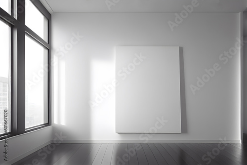 Blank white poster mockup on the white wall in the room. AI Generative
