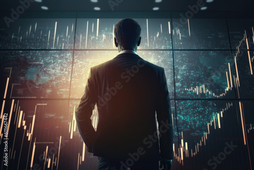 Wallpaper Mural the man, investor is standing back, analyzes the securities market. Projector Screen Shows Graphs. AI generative Torontodigital.ca