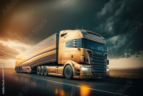 truck on the track, motorway. sunrise or sunset. the car makes international cargo transportation. AI generative