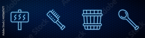 Set line Sauna bucket, brush and ladle. Glowing neon icon on brick wall. Vector