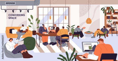 Coworking space, modern business area, corporate office interior. People, freelancers group work together at laptops, computers, meeting tables, desks. Cozy workplace. Flat vector illustration