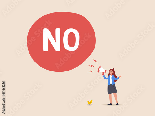 Woman says no. Symbol of refusal, rejecting abuse, harassment and violence. Flat vector illustration.