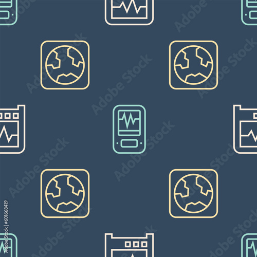 Set line Seismograph, Earth globe and on seamless pattern. Vector