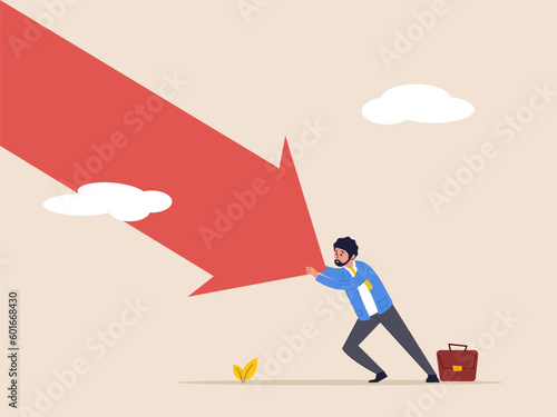 Crisis or recession concept. Survive investment crash, pushing back or effort to win business challenge, economic recession. Man pushing falling down arrow with full effort.
