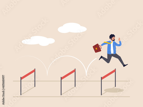 Skill or aspiration to solve problem concept. Business challenge, overcome difficulty or obstacle to achieve business success, effort. Ambitious businessman jump over hurdles.