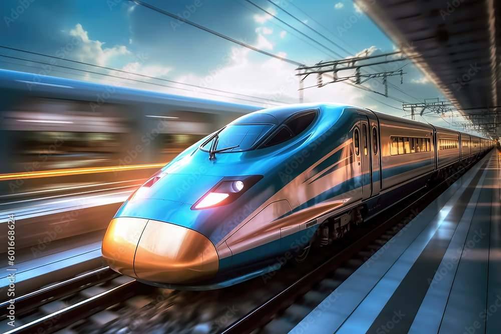 Fototapeta premium High speed bullet train speeding theough the countryside at sunset with motion blur. Generative AI.