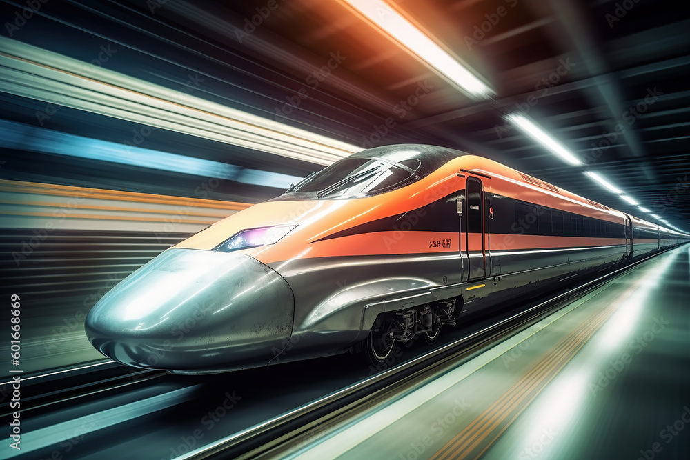 High speed bullet train speeding through a railway station with motion blur. Generative AI.