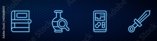Set line Portable video game console, Book, Ancient amphorae and Medieval sword. Glowing neon icon on brick wall. Vector