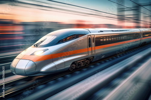 High speed bullet train speeding theough the countryside at sunset with motion blur. Generative AI.