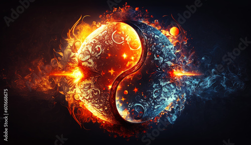 Yin Yang symbol on cosmic space. generative ai. photo