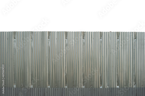 Galvanized corrugated sheet wall on white background.