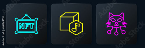 Set line NFT Digital crypto art, and . Black square button. Vector