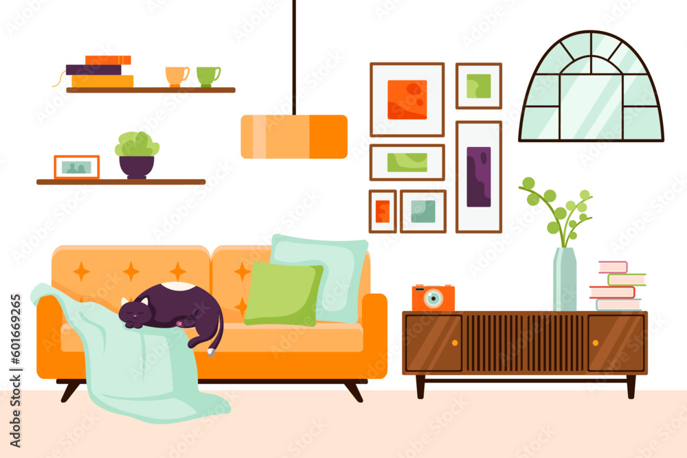Room interior with cat flat style. Living room interior with sofa, houseplants growing in pots, home decorations. Comfortable apartment decorated in retro style. Flat vector illustration. Room interior with cat flat style. Living room interior with sofa, houseplants growing in pots, home decorations. Comfortable apartment decorated in retro style. Flat vector illustration.