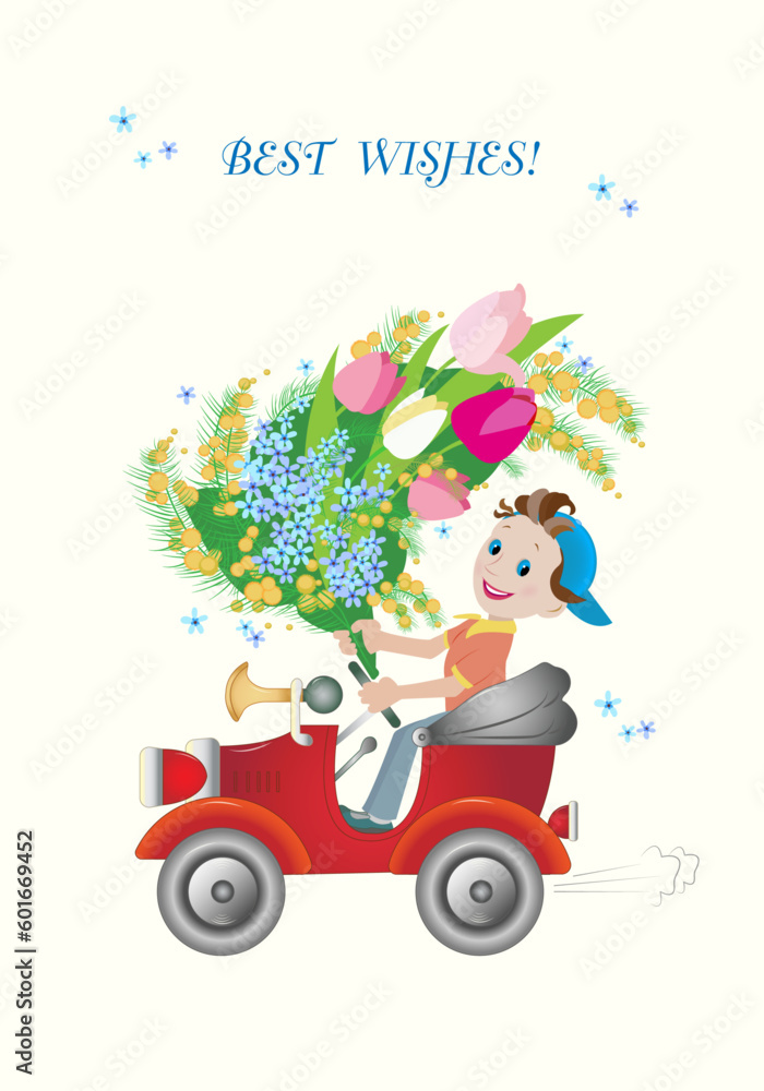 A boy in the car with bouquet. A boy in the car with bouquet.