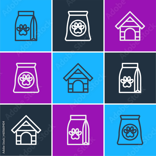 Set line Bag of food for pet, Dog house and icon. Vector
