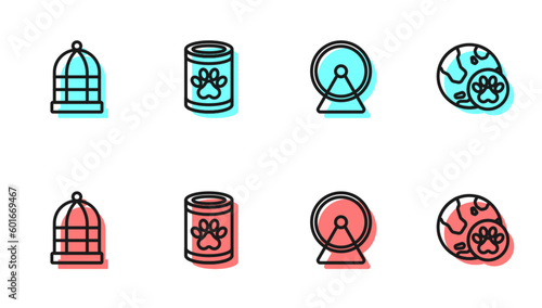 Set line Hamster wheel, Cage for birds, Canned food and World pet icon. Vector