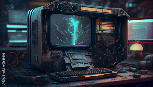 A futuristic illustration of a computer terminal in a cyberpunk-themed setting, featuring a sleek and industrial design, generative ai