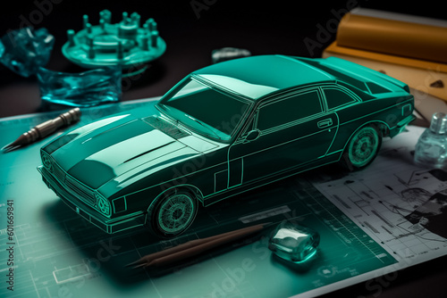 A virtual car 3D hologram structure designed by an engineer, created using high-tech virtual tools. generative AI.