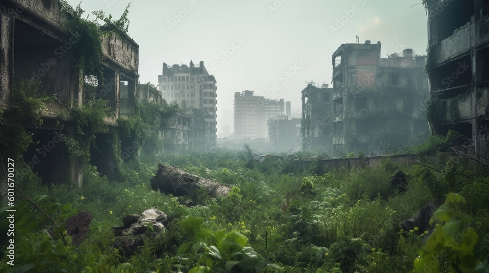 Post apocalyptic city in ruins after zombie pathogen wiped out last of humanity, nature reclaiming this urban jungle buildings with new growth of plants, dystopian future - generative ai  