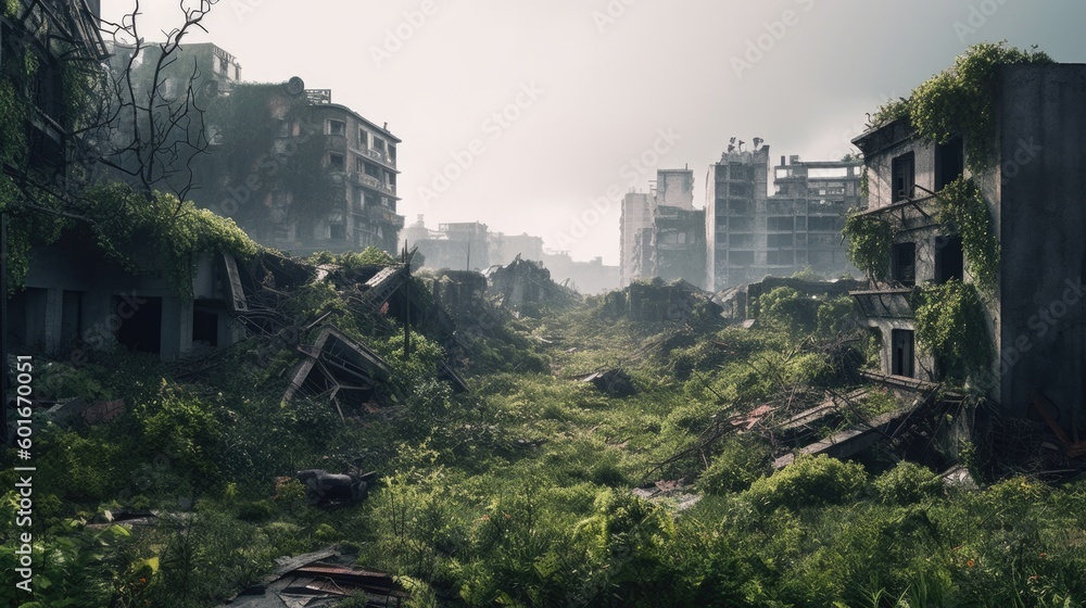 Post apocalyptic city in ruins after zombie pathogen wiped out last of humanity, nature reclaiming this urban jungle buildings with new growth of plants, dystopian future - generative ai Post apocalyptic city in ruins after zombie pathogen wiped out last of humanity, nature reclaiming this urban jungle buildings with new growth of plants, dystopian future - generative ai