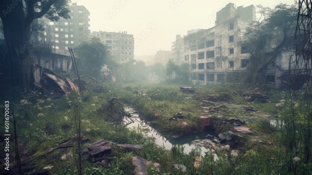 Post apocalyptic city in ruins after zombie pathogen wiped out last of