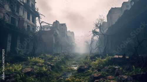 Post apocalyptic city in ruins after zombie pathogen wiped out last of humanity, nature reclaiming this urban jungle buildings with new growth of plants, dystopian future - generative ai   © SoulMyst