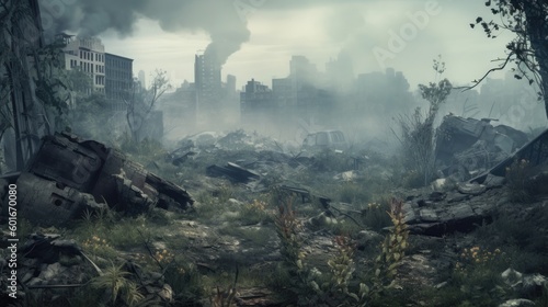 Post apocalyptic city in ruins after zombie pathogen wiped out last of humanity, nature reclaiming this urban jungle buildings with new growth of plants, dystopian future - generative ai   © SoulMyst