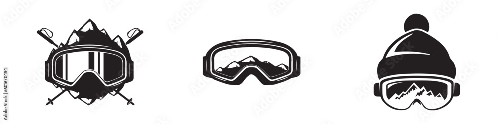 Ski, Snowboard glasses, crossed ski poles. Extreme sports logo. The reflection of the mountain slopes with glasses. Isolated on a white background. Vector illustration. Vector Graphic. EPS 10 - obrazy, fototapety, plakaty 