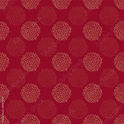 Vector seamless pattern pompoms polka dots on red background. Minimalist elegant decent repeating regular pattern.