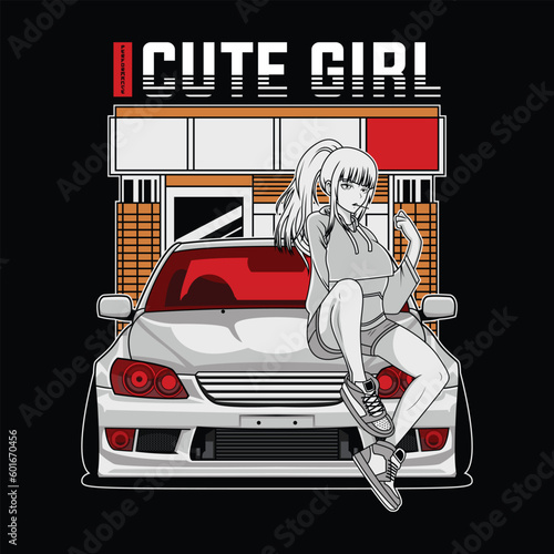 car logo design illustration with woman character and background, for printing, koas design etc