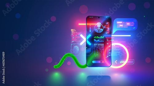 Mobile app development concept. Phone vector hanging over desk in neon light with mobile applications development interface elements. Smartphone software dev digital technology. Mobile app design.