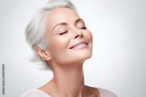 Gorgeous senior older woman with closed eyes and perfect skin. Beautiful portrait mid 60s aged woman advertising facial antiage lift products salon care tighten skin isolated on white  Generative AI